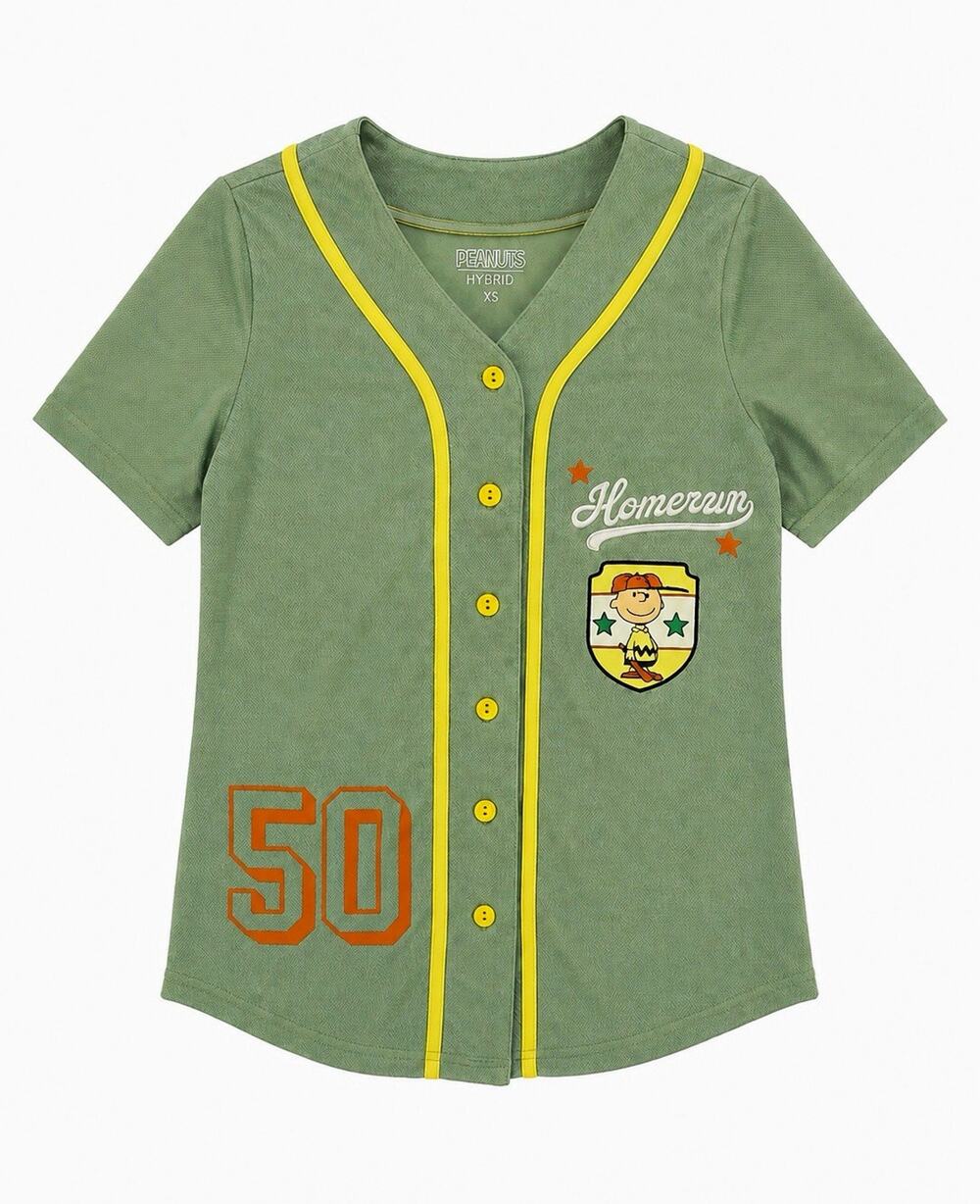 Hybrid Peanuts Snoopy Baseball Jersey Top woman’s XS Green/Yellow Button Front